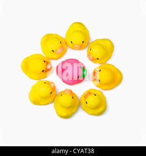 Cercle de canards jouet jaune rose avec canard au milieu isolé sur fond blanc Banque D'Images