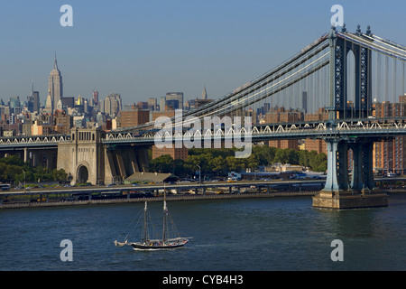 Vue depuis le pont de Brooklyn au cours de l'East River avec pont de Manhattan et midtown skyline et empire state, New York, USA Banque D'Images