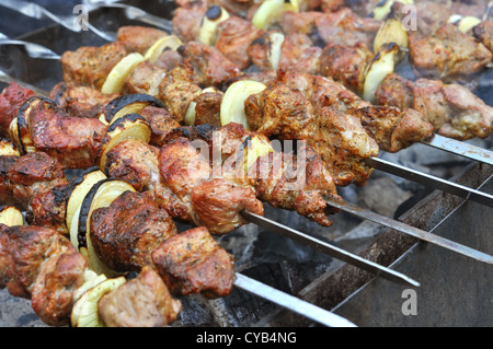 Kebab prépare sur le feu en plein air Banque D'Images