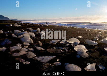 Les icebergs sur la plage de sable volcanique à l'Islande Jokulsarlon Banque D'Images