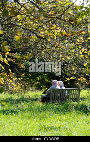 Vue arrière du vieux couple sitting on bench in countryside Banque D'Images