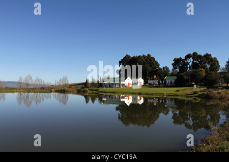 Mischa Wine Estate, vue de la cave sur le barrage, Wellington, Western Cape, Afrique du Sud. Banque D'Images