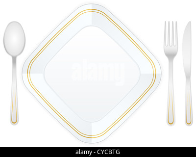 Plaque blanche vide avec couteau, fourchette et cuillère. Vector illustration. Banque D'Images