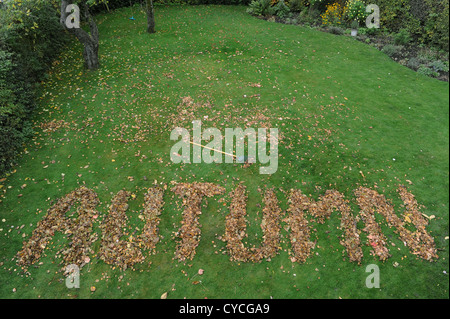 Le mot écrit dans les feuilles d'automne dans un jardin dans le Yorkshire du nord Banque D'Images