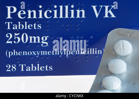 Braille sur une boîte avec blister de 250mg Comprimés de pénicilline VK antibiotique par voie orale pour les infections bactériennes Banque D'Images