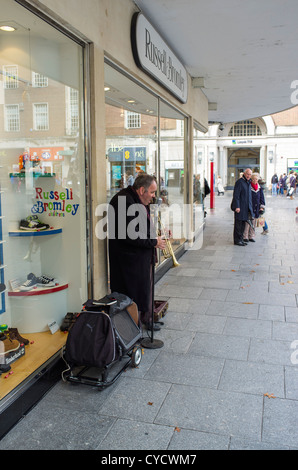 Le 31 octobre 2012. Exeter, Devon, Angleterre. Un musicien ambulant en dehors de Russell et Bromley sur Exeter high street. Banque D'Images