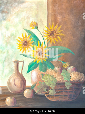 La vie toujours de la peinture de tournesol dans un vase avec panier plein de pommes et de raisin Banque D'Images