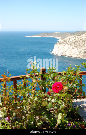 Vue depuis terrasse avec plantes rose sur le lagon turquoise de la mer Egée, l'île de Thassos, Grèce Banque D'Images