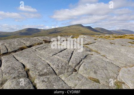 En plaques de roche de granit sur Craignaw, regard vers Merrick, Galloway Hills, Dumfries et Galloway, Écosse Banque D'Images