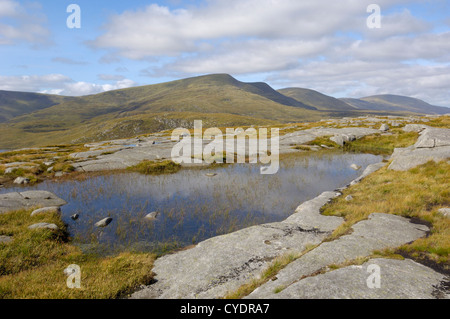 En plaques de roche de granit sur Craignaw, regard vers Merrick, Galloway Hills, Dumfries et Galloway, Écosse Banque D'Images