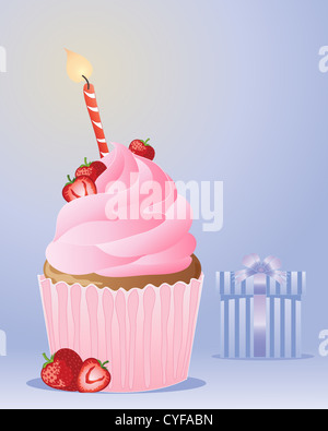 Une illustration d'une strawberry birthday cupcake avec une bougie et flamme sur un fond bleu avec cadeau enveloppé Banque D'Images