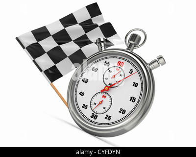 Chronomètre avec drapeau à damier. Commencer ou terminer. 3d Banque D'Images