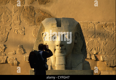 L'Egypte, Luxor, photographe prend photo d'une statue de Ramsès II dans le temple de Louxor. Banque D'Images