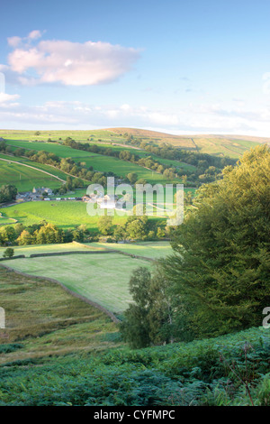 Vue de dessus Burnsall, regard vers Appletreewick, Wharfedale, Yorkshire, Angleterre, Royaume-Uni, Août Banque D'Images