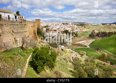 Le paysage pittoresque de l'andalousie, ville de Ronda en Espagne sur une colline et de vertes prairies, la province de Malaga. Banque D'Images