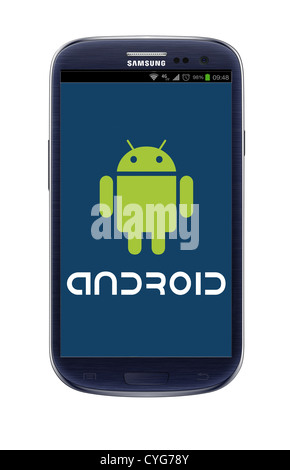 Android Robot vert logo sur un Samsung Galaxy S III Mobile phone Banque D'Images