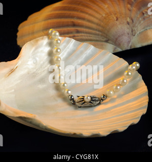 Portrait d'un collier de perles naturelles décorées sur un coquillage en noir retour Banque D'Images