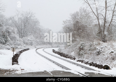 À l'Est le long de la ligne principale de chemin de fer de la Matapédia qui fonctionne par Chapin, SC au cours d'une tempête de neige 26 décembre rare Banque D'Images