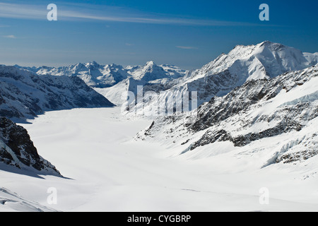 Glacier d'Aletsch Aletschgletscher () vu de Jungfraujoch 'haut de l'Europe". Le glacier est le plus grand et le plus long d'Europe. Banque D'Images