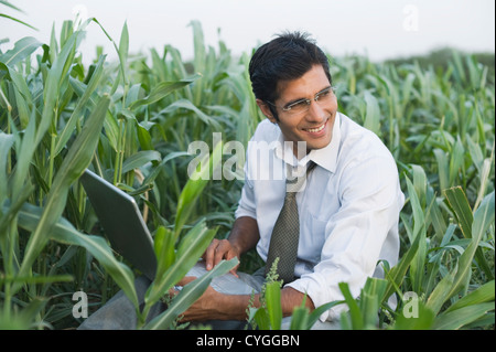Businessman using a laptop in a farm Banque D'Images