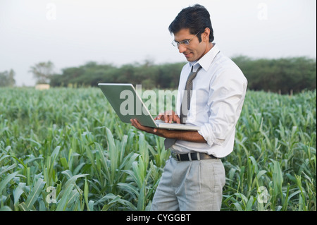 Businessman using a laptop in a farm Banque D'Images