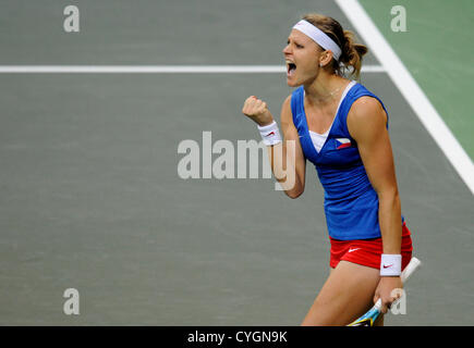 Lucie Safarova de République tchèque célèbre la victoire lors de la finale de Fed Cup match de tennis la République tchèque contre la Serbie contre Jelena Jankovic à Prague, République tchèque, 4 novembre 2012. (Photo/CTK Michal Kamaryt) Banque D'Images