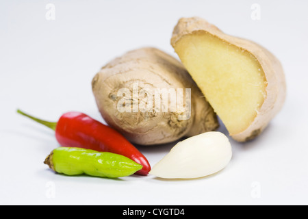 Une sélection de produits d'assaisonnements culinaires sur un fond blanc. Banque D'Images