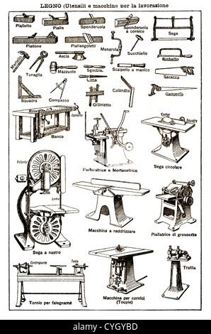 Vintage noir et blanc tableau : menuiserie, charpenterie, outils et équipements Banque D'Images