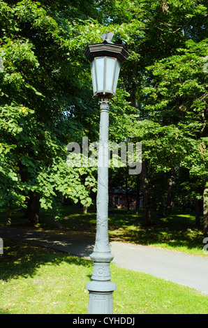 Pôle d'éclairage rétro lampe dans park et Linden, branches d'arbre sur l'arrière-plan. Banque D'Images