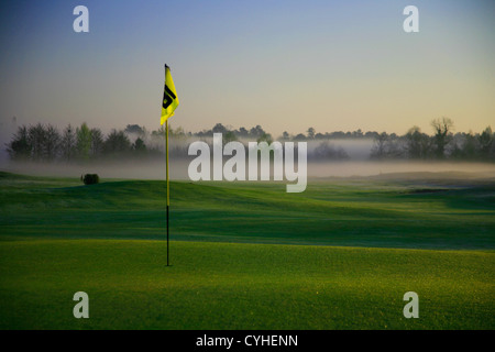 Drapeau de golf sur le green en début de matinée la brume et le brouillard Banque D'Images