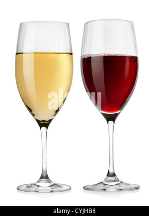 Verre à vin rouge et vin blanc verre isolé sur fond blanc Banque D'Images