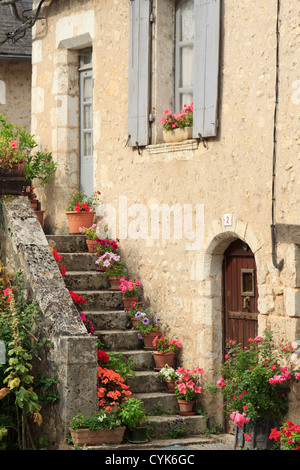 France, Vienne, les Angles-sur-l'Anglin, escalier fleuri Banque D'Images