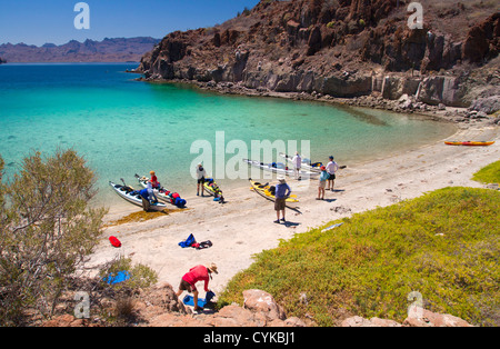 Mexique, Baja, Mer de Cortez. Un kayak de mer à la halte à l'azure de miel de couleur claire Cove, sur l'Isla Danzante. (MR) Banque D'Images