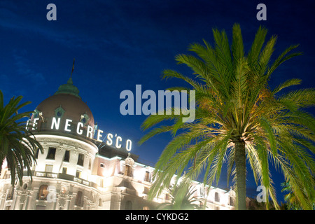 Hôtel Le Negresco et palm tree at night Promenade des Anglais Nice Côte d'Azur Alpes-Maritimes Provence France Banque D'Images