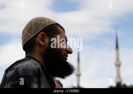 Istanbul, Turquie. 6 novembre, 2012. Les partisans de la flotte de la liberté pour Gaza rassemblement en face du palais de justice d'Istanbul. Manifestant barbu avec chapeau de crâne avec les minarets d'une mosquée dans l'arrière-plan. Credit : Johann Brandstatter / Alamy Live News Banque D'Images