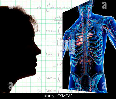 Femme médecin contrôle X-ray sur écran d'ordinateur avec des symboles médicaux contexte Banque D'Images