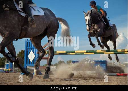 Un cavalier s'airborne tout en pratiquant pour un événement équestre. Banque D'Images