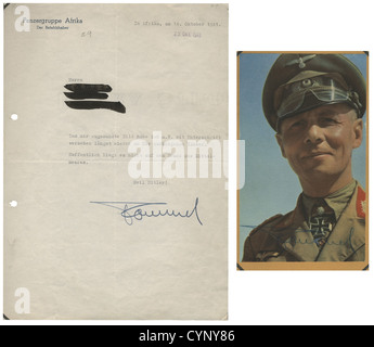 Autographes, Erwin Rommel, lettre et portrait, en-tête 'Panzergruppe Afrika - Der Befehlshaber', 14.10.1941, deuxième Guerre mondiale, Afrique du Nord, signature, texte: 'La photo que vous avez envoyée J'ai signé et retourné il y a longtemps. Espérons qu'il ne se rebute pas sur le botto de la mer Méditerranée.' People, 1930, XXe siècle, autographes, documents, document, écrit, signature, signatures, NS, national-socialisme, nazisme, Third Reich, allemand Reich, Allemagne, objet, objets, photos, coupures, coupures, coupures, coupures, homme, homme, homme, homme, homme, homme Banque D'Images