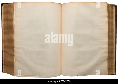 Livre très ancien ouvert sur fond blanc, pur feuilles vides Banque D'Images