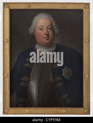 Un roi Frederick William I (1688 - 1740) - Portrait, huile sur toile, dimensions de l'image 54 x 73 cm, non signé. Petite zone restaurée sur le temple. Une représentation de haute qualité, nouvellement encadrée de mi-longueur du 'roi de soldat' dans l'uniforme du Grenadier Regiment Graf Kleist von Nollendorf (1. Prussien de l'Ouest) Nr. 6, avec cuirass et l'étoile de l'ordre de l'aigle noir. Un détail contemporain après l'original de 1729 par Antoine Pesne représentant le roi en 1715 pendant le siège de Stralsund, peuple, XVIIIe siècle, prussien, Prusse, allemand, Allemagne, militaria, milita, Banque D'Images