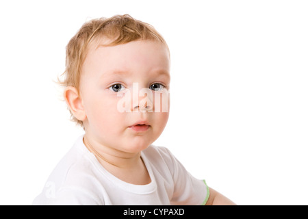 Bébé curieux faire drôle de visage isolated on white Banque D'Images