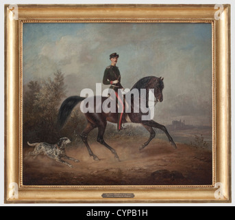Carl Martin Edler von Ebersberg (1818 - 1880) - un portrait équestre du duc Ludwig en Bavière (1831 - 1920) en tant que major de 26 ans, dans le premier régiment bavarois de Chevaulegers. Huile sur toile, signée et datée dans la partie inférieure droite 'Ebersberg 1857'. Au verso inscrit 'Herzog Ludvig dans le Bayern, Major à kgl. Bayr. I. Chevaulegers Regim.: Kaiser Alexander von Russland: Nürnberg 1857' (duc Ludwig en Bavière, major du régiment royal bavarois I. Chevaulegers: Kaiser Alexander de Russie: Nuremberg 1857). Certaines zones ont été restaurées. Dimensions 57 x 67 cm, , Banque D'Images