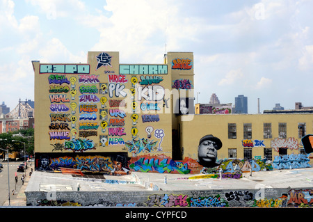 Graffiti sur un îlot dans le Queens, New York. L'Amérique. Banque D'Images