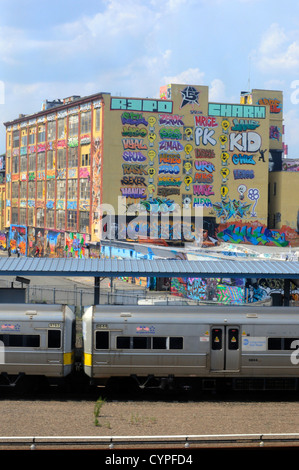 Graffiti sur un îlot dans le Queens, New York. L'Amérique. Banque D'Images