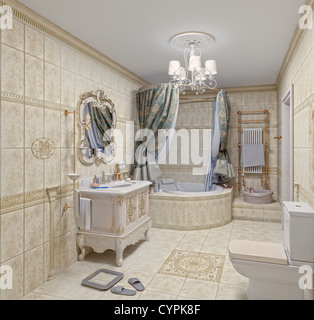 Salle de bains moderne avec des tuiles de l'intérieur et miroir (le rendu 3D) Banque D'Images