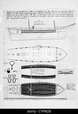 Diagramme de la 'Brick' d'autodéfense, qui a été capturée en 1822 au large des côtes de l'Afrique avec 345 esclaves entassés dans les ponts inférieurs Banque D'Images