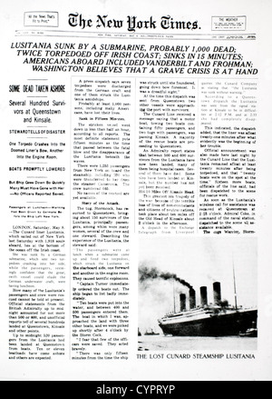 Naufrage du Lusitania par un sous-marin allemand, New York Times Page avant, 8 mai 1915 Banque D'Images