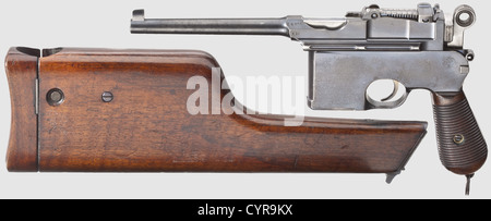 Mauser C 96 « Flatside - large Ring », avec support d'épaulement, environ 1901,7.63 mm cal. Réf. 26480.numéros correspondants avec panneaux de préhension.alésage mat.extracteur long.clé double à l'épreuve/'U' et bois Oberndorf.regard arrière coulissant gradué 50 - 1000.sur le marquage 'Waffenfabrik / Mauser / Oberndorf'.pièces entièrement brossées d'origine avec des marques de chambre partiellement fines et petites taches Bleuet.Trigger paille.marteau et boîtier gris gravé,petites pièces bleutées.Panneaux de préhension en noyer foncé.cordon original ring.Complete avec valnu numéroté assorti,droits supplémentaires-Clearences-non disponible Banque D'Images