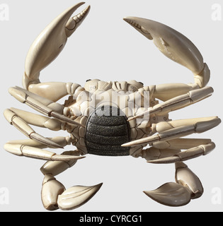 Une figure ivoire d'un crabe, Japon, période Meiji crabe mitten sculpté par nature (Eriocheir sinensis) avec des pattes et des membres souples. Les parties dorsale et abdominale (carapax et pleon) sont de couleur verdâtre. Pas de signature. Largeur 31 cm, historique, historique, 19e siècle, japonais, asiatique, Asie, extrême-Orient, objet, objets, photos, découpe, coupures, découpes, exotiques, bizarre, beaux-arts, art, objet d'art, objets d'art, art, art, art, précieux, collectable, collection, articles de collection, rareté, rareté, riences, droits supplémentaires-non disponible-Clearences-droits supplémentaires Banque D'Images