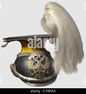 Une Czapka pour officiers,du 8ème régiment Voznesensky Uhlan de la Grande duchesse Tatiana Nikolaevna Russie vers 1910. Corps en cuir avec garnitures argentées. L'appareil avec un bandeau en lettres cyrilliques (tr)'pour la distinction'. Écailles de menton convexes avec estampage russe N 1,D. Doublure en velours et SCH. Couverture de défilé jaune avec cordon d'officerïs d'argent, sous la couverture tresse d'argent continue. Cocarde en métal, panache de crin blanc. Bandeau anti-transpiration en cuir noir. Remplacement de la doublure en lin. Traces d'utilisation passée,historique,historique,1910s,20e siècle,uniforme,uniforme,chef,droits additionnels-Clearences-non disponible Banque D'Images